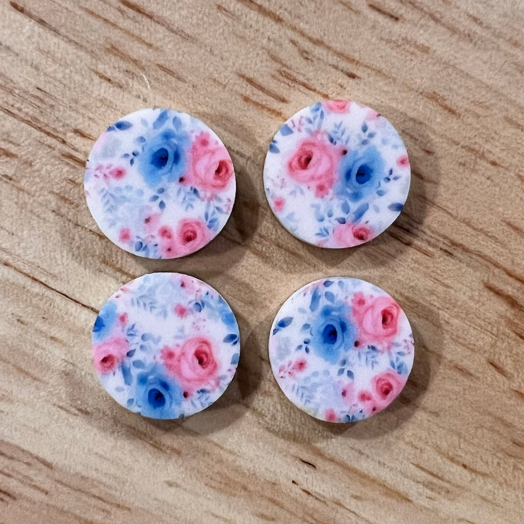 UV Printed 15mm Acrylic Blue/Pink Roses Print Stud Blanks