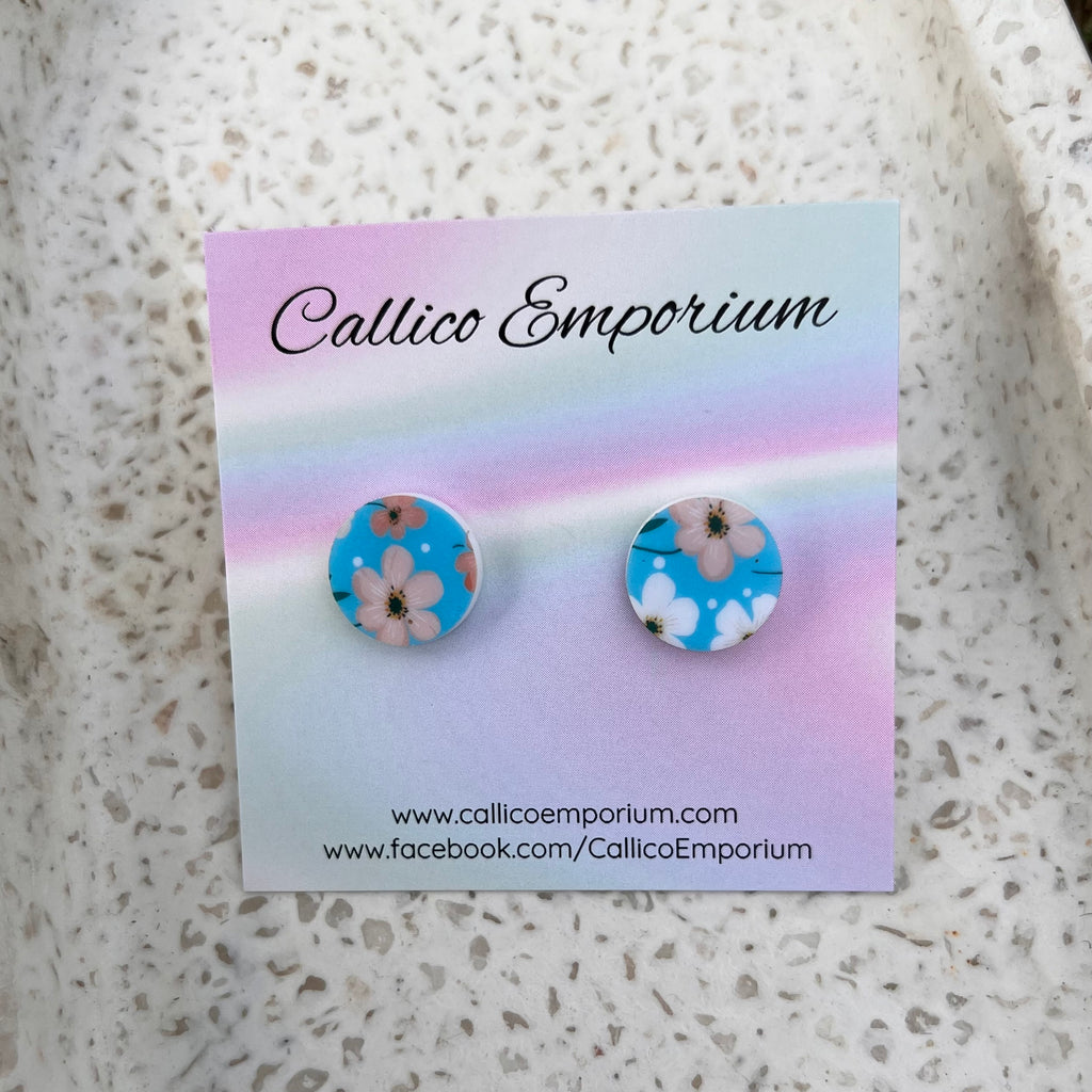 Blue/Orange/White Floral - UV Printed Acrylic Studs 15mm