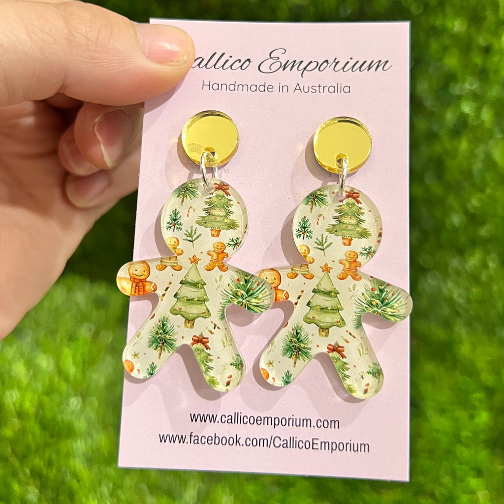 Natural Gingerbread and Christmas Tree Print Dangle Earrings