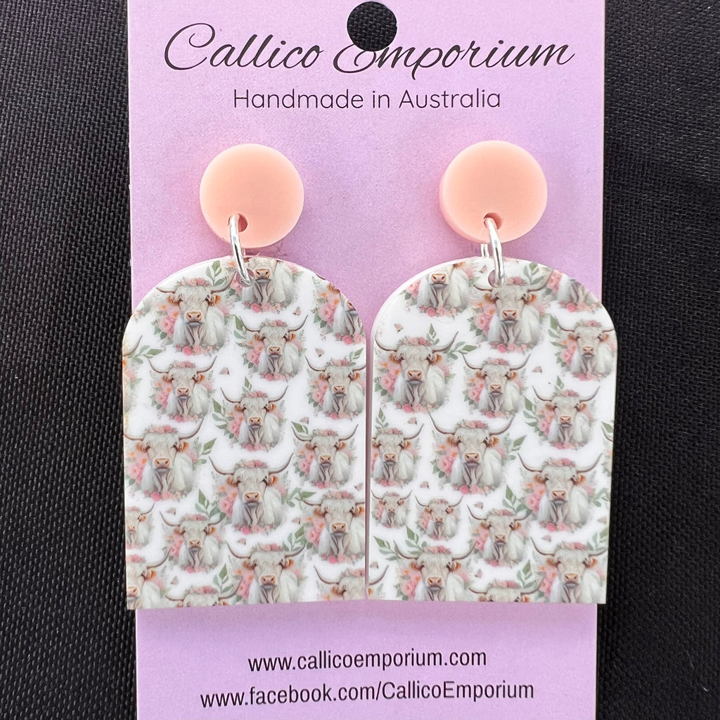 Floral Highland Cow - UV Printed Arch Stud Dangles
