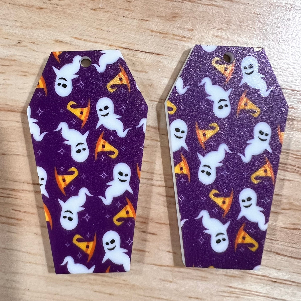UV Printed Acrylic Halloween Putple Ghosts and hats Large Print Coffin Dangle Blanks with hole