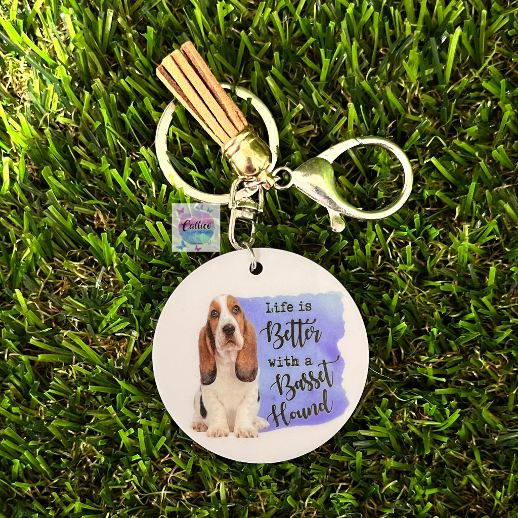 “Life is better with a basset hound” Printed Acrylic Keyring