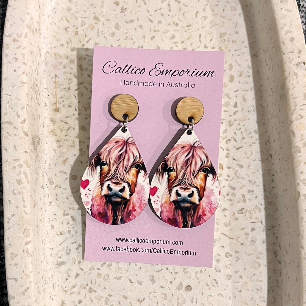 Cow love Wooden Printed Stud Dangle Earrings