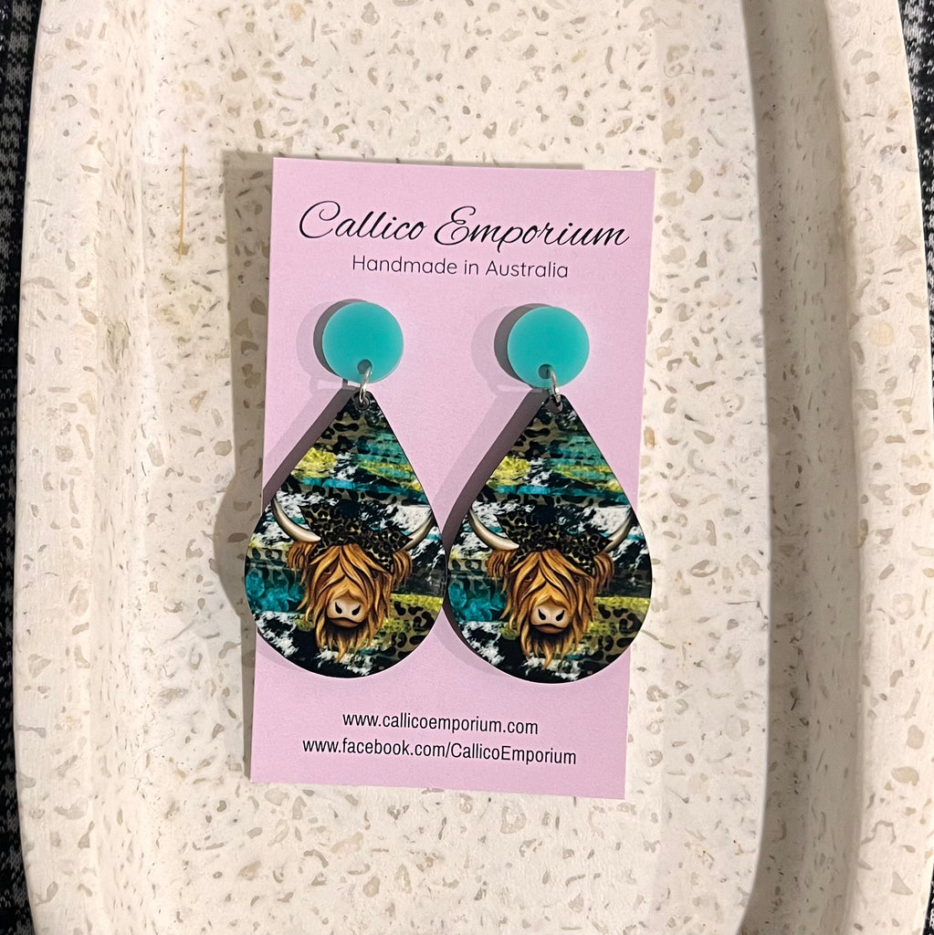 Highland Cow Animal Print Wooden Printed Stud Dangle Earrings