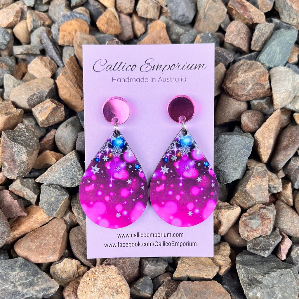 Pink Christmas Sparkle print Wooden Printed Stud Dangle Earrings