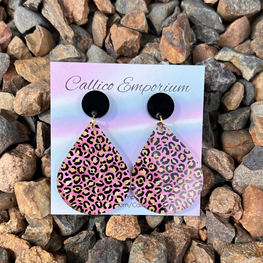 Pink/Gold Teardrop Leopard Print - UV Printed Stud Dangles