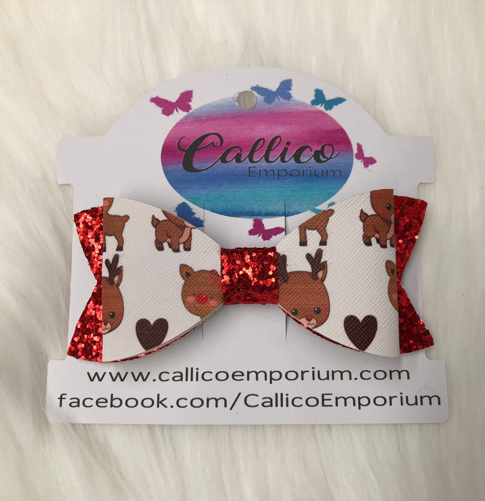 Baby Rudolph and Red Glitter Faux Leather Hair Bow with bow clip