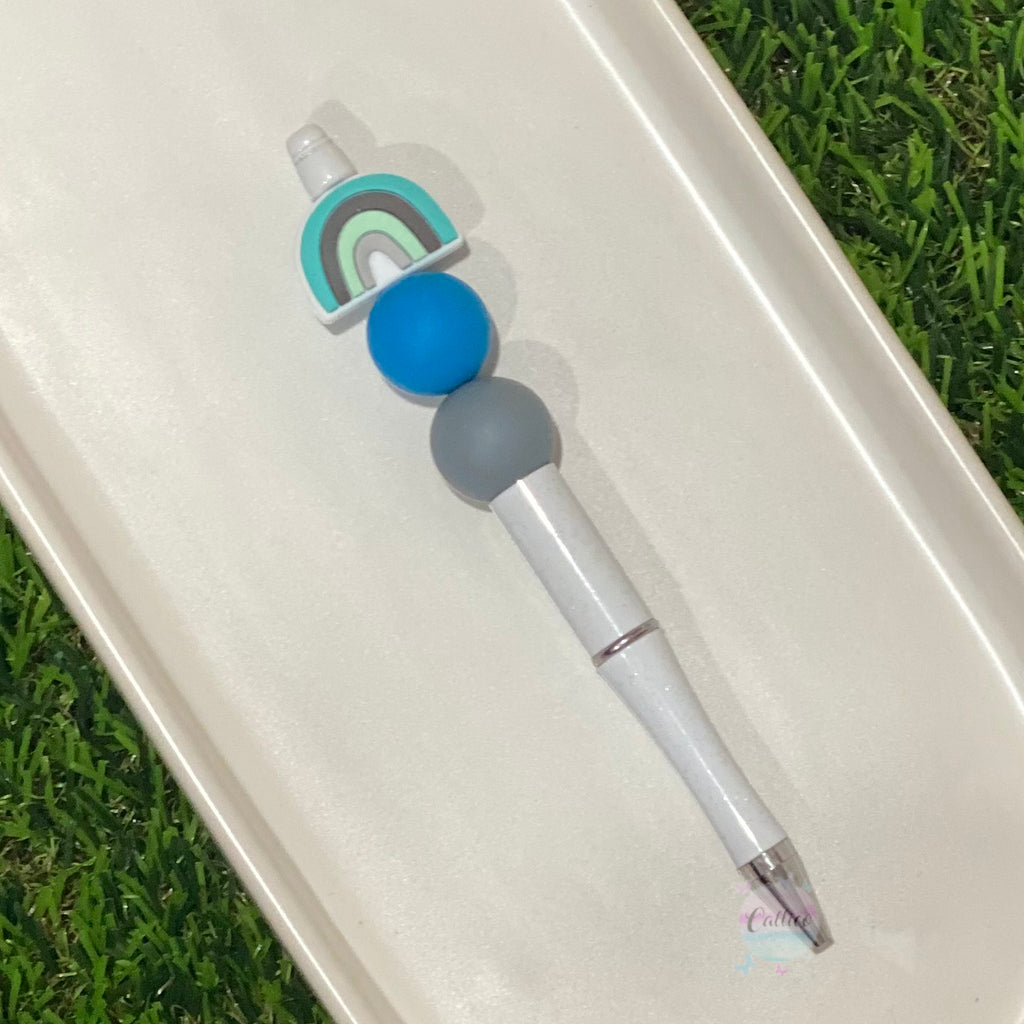 “Blue Rainbow” White Glitter Beaded Pen