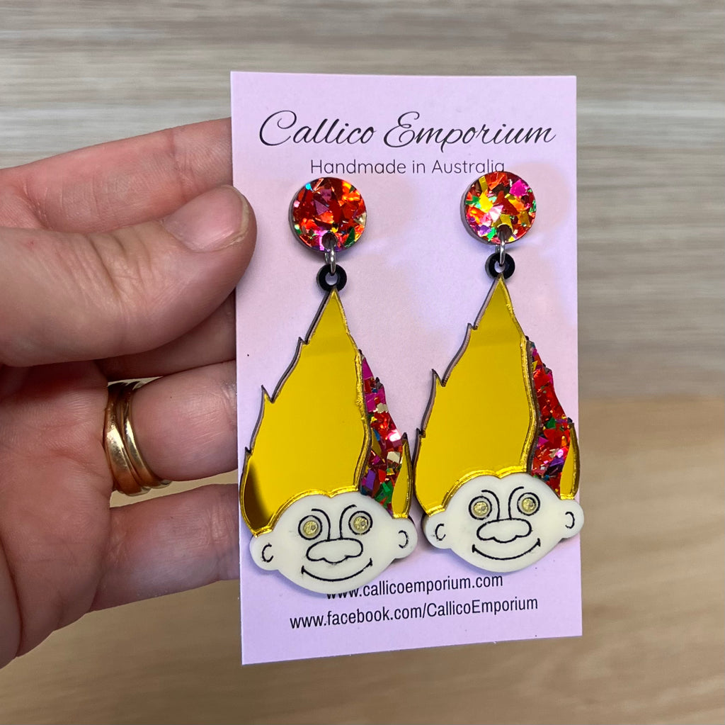 Gold Mirror Troll Doll layered Acrylic Stud Dangle Earrings