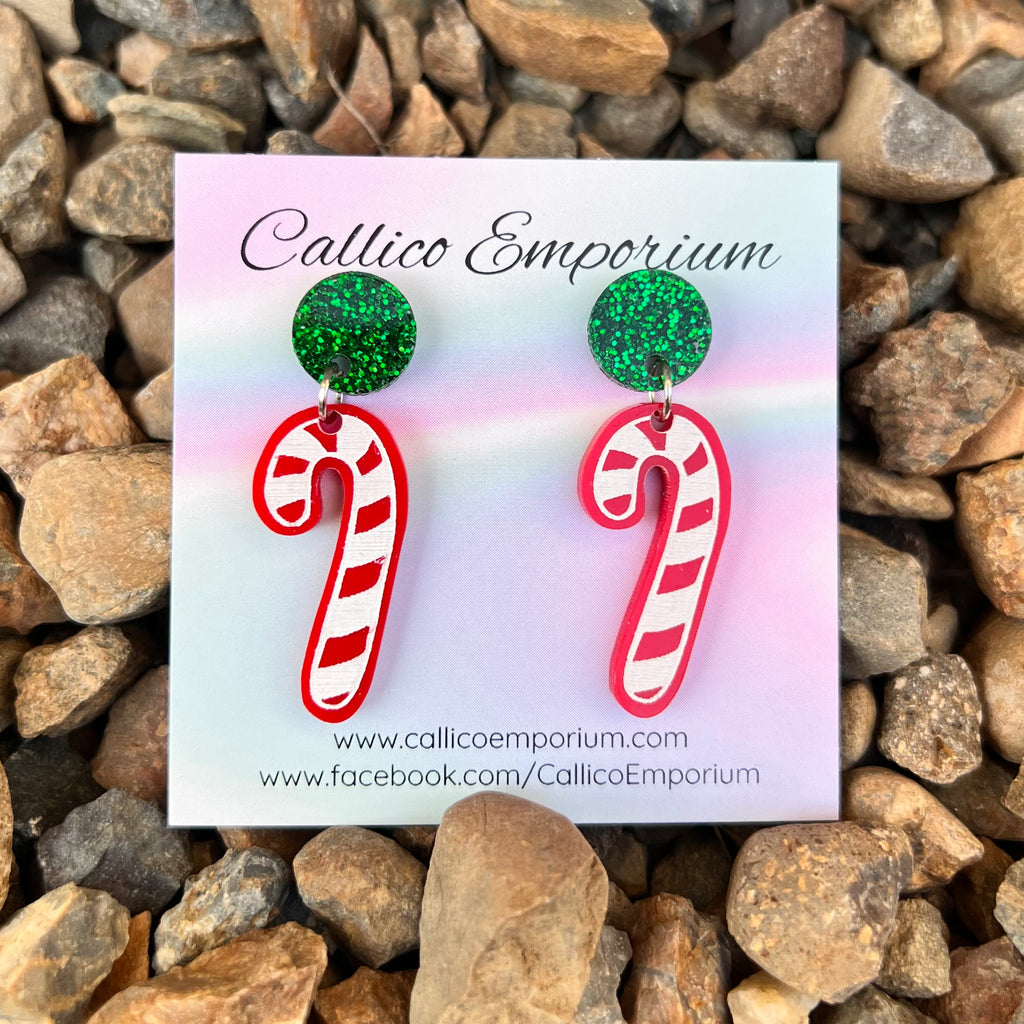 Red Candy Cane Acrylic Stud Dangle Earrings
