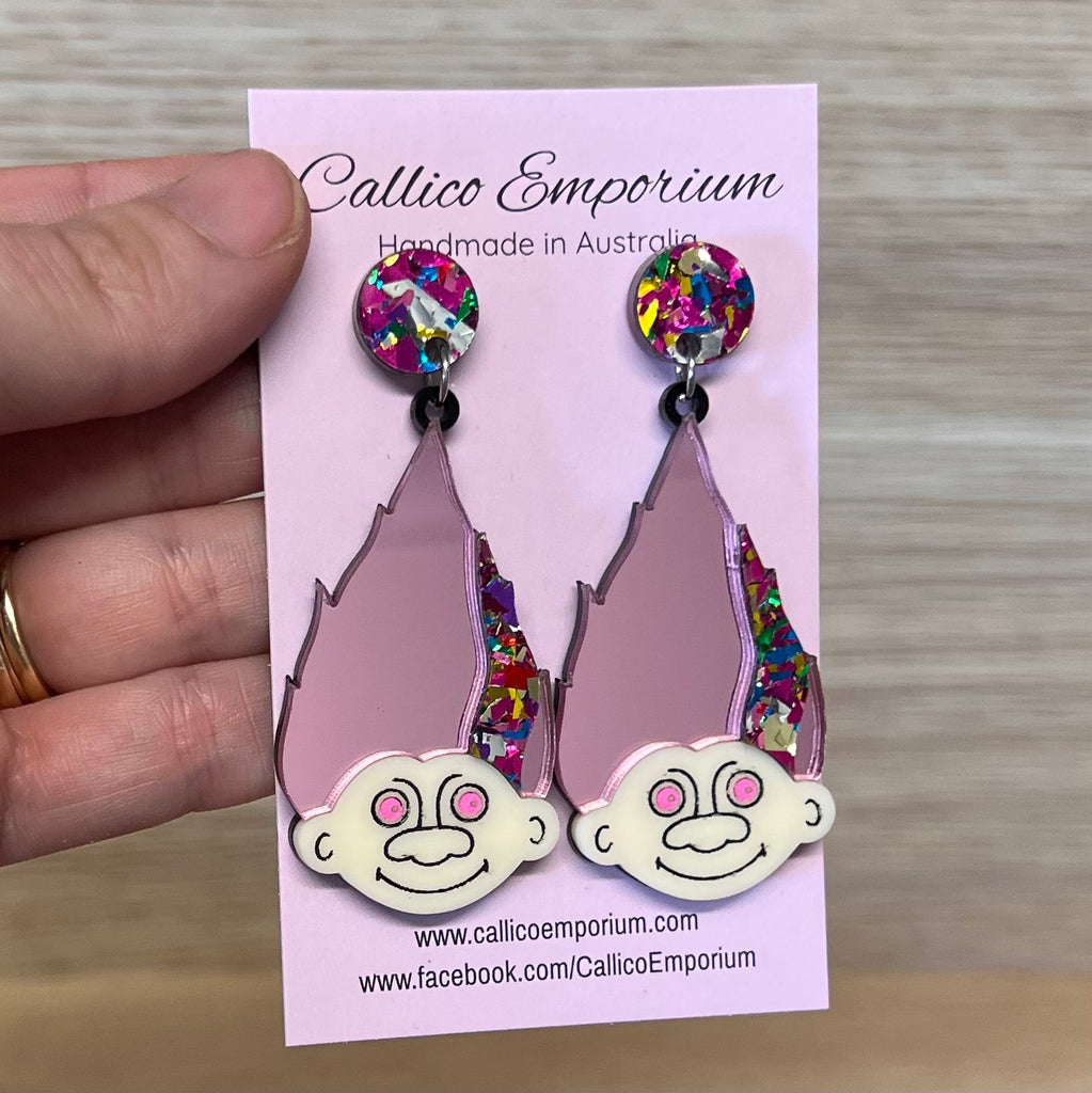 Light Pink Mirror Troll Doll layered Acrylic Stud Dangle Earrings