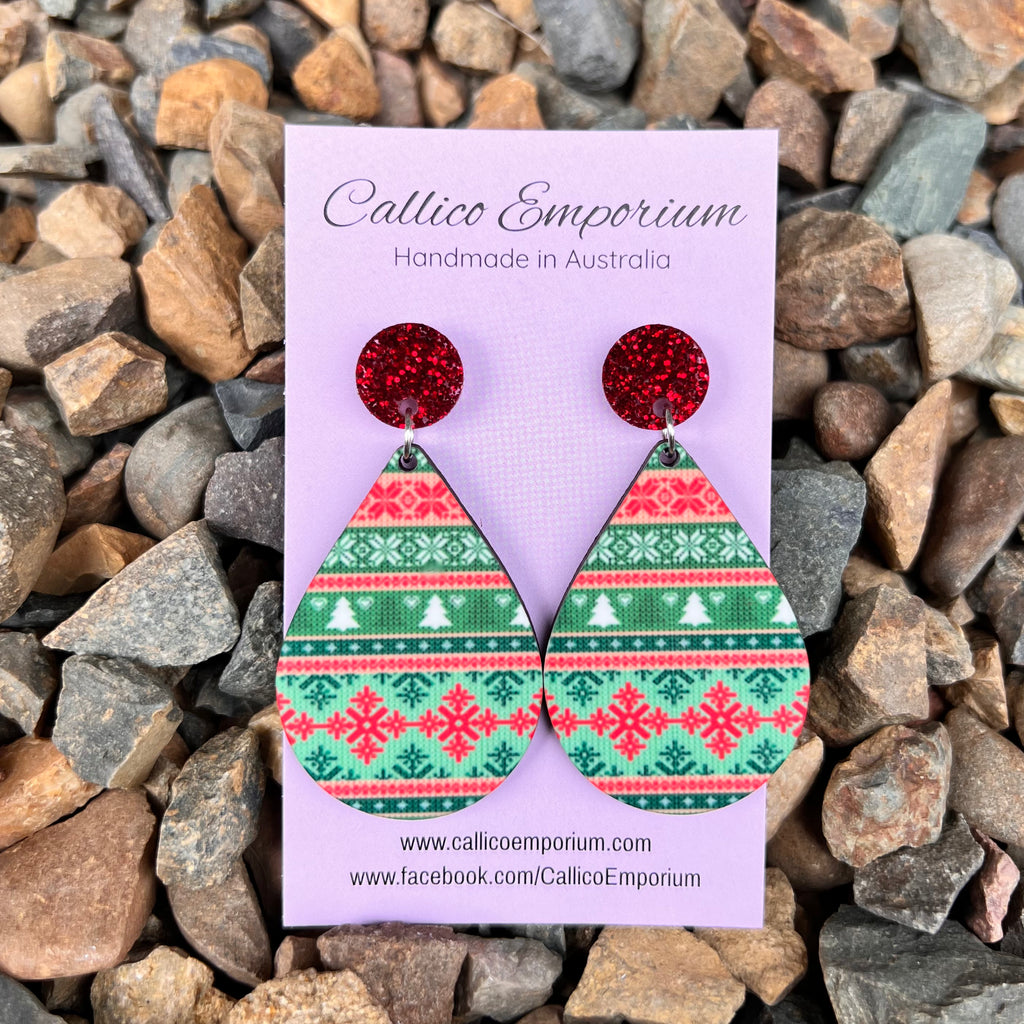 Ugly Christmas Sweater print Wooden Printed Stud Dangle Earrings