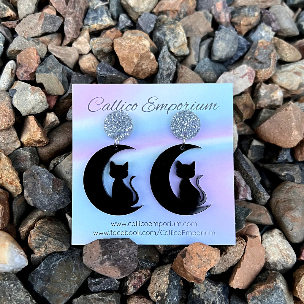 Black Cat / Moon Halloween Dangle Stud Earrings