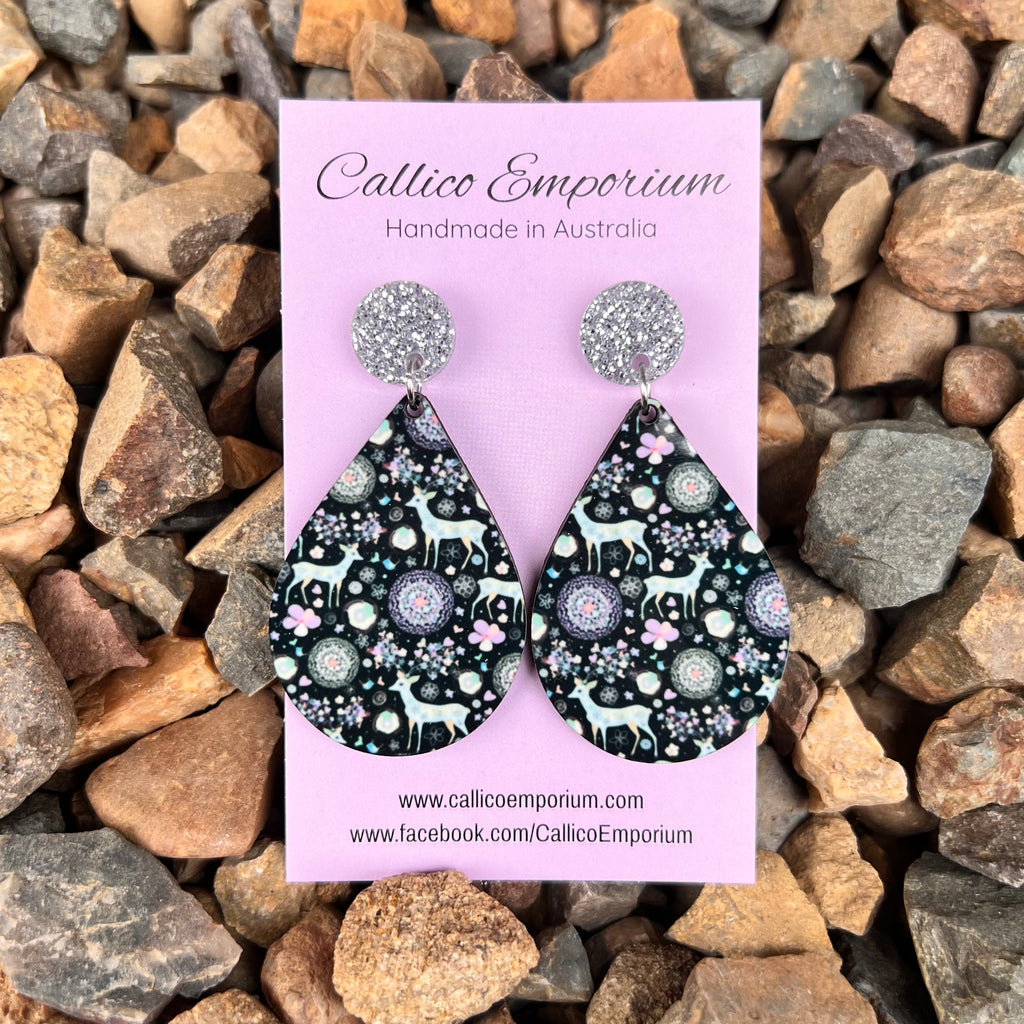 Woodland Deer Wooden Printed Stud Dangle Earrings