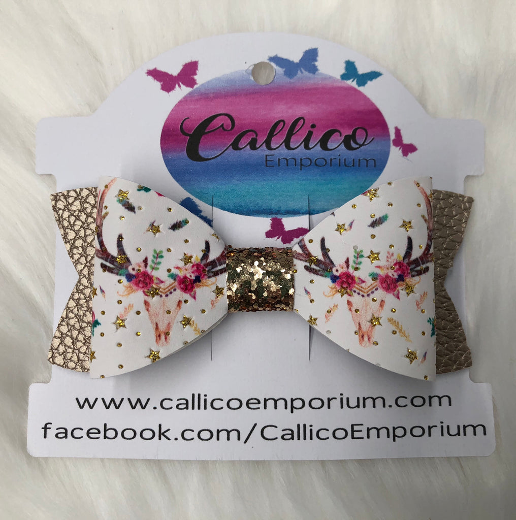 Boho Floral Skull Faux Leather Hair Bow with bow clip