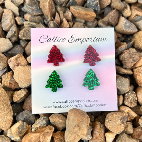 Christmas Tree Green/Red Acrylic Stud Double Pack