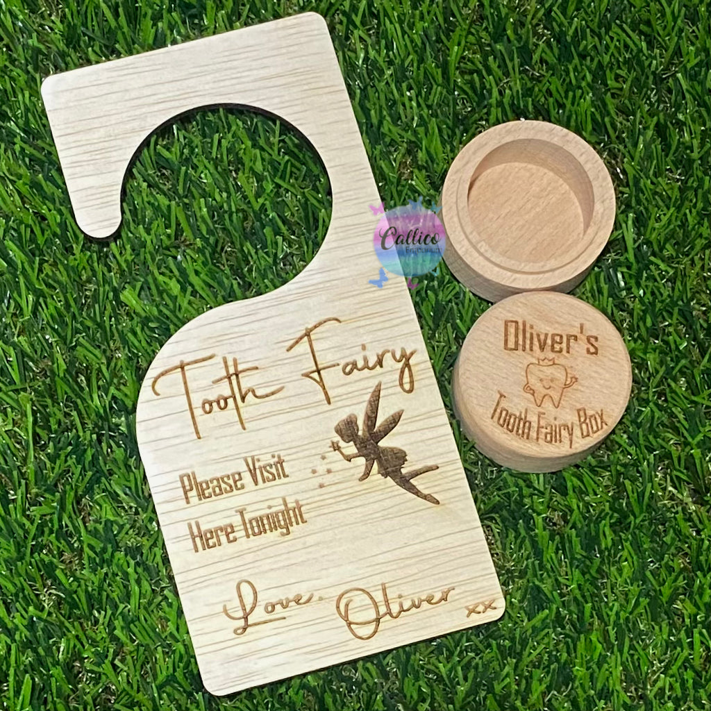 Wooden Engraved Tooth Fairy Box & Door Hanger Set