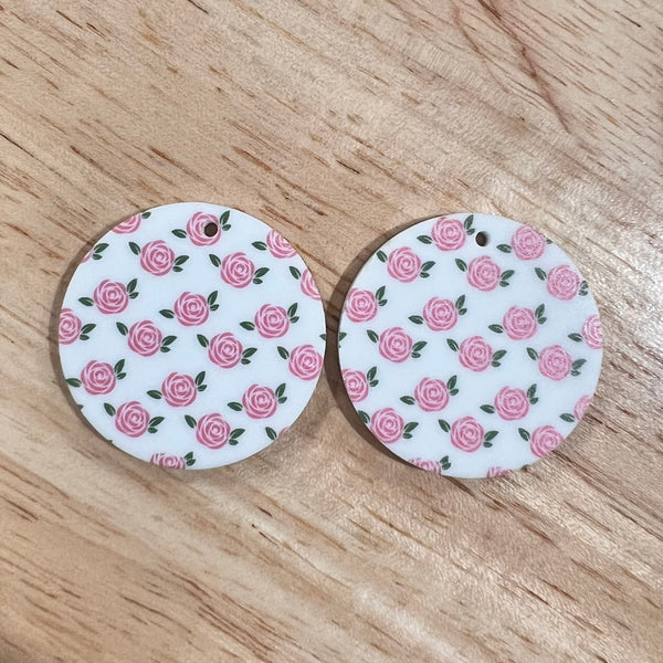 UV Printed Acrylic Pink Roses Print Round Dangle Blanks with hole