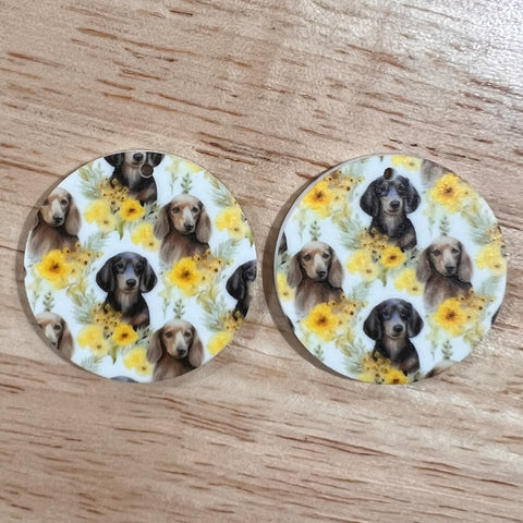 UV Printed Acrylic Yellow Floral Dachshund Round Dangle Blanks with hole