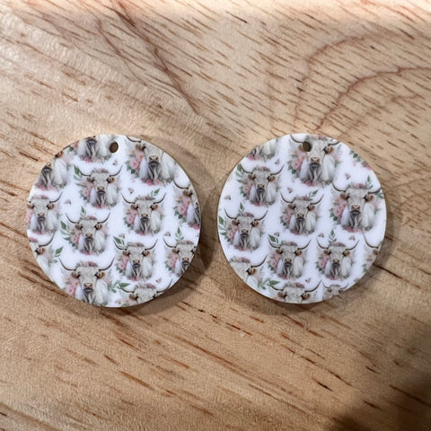 UV Printed Acrylic Floral Highland Cow Round Dangle Blanks with hole