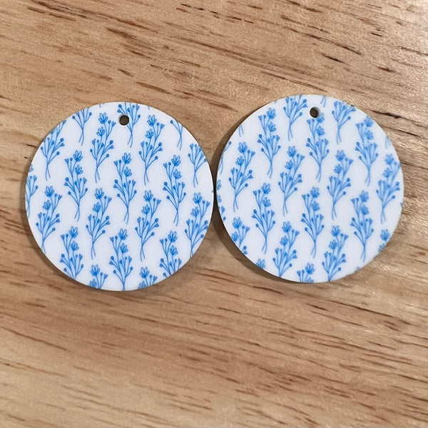 UV Printed Acrylic Blue Fine Line Floral Print Round Dangle Blanks with hole