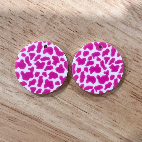 UV Printed Acrylic Dark Pink Cow Print Round Dangle Blanks with hole
