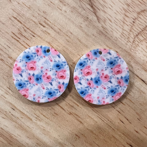 UV Printed Acrylic Blue and Pink Roses Print Round Dangle Blanks with hole