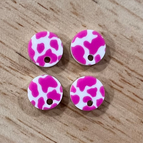 UV Printed 12mm Acrylic Dark Pink Cow Print Earring Toppers (with hole)