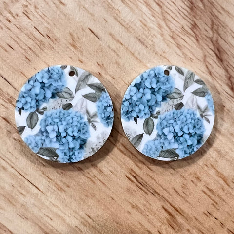 UV Printed Acrylic Blue Hydrangea Print Round Dangle Blanks with hole