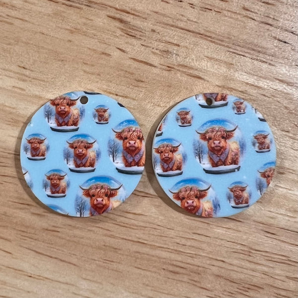 UV Printed Acrylic Highland Cow Blue Snow Globe Print Round Dangle Blanks with hole