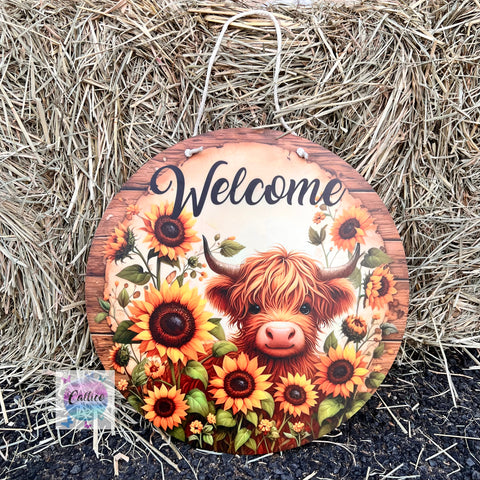 Welcome Highland Cow Sunflowers Door Hanger Sign