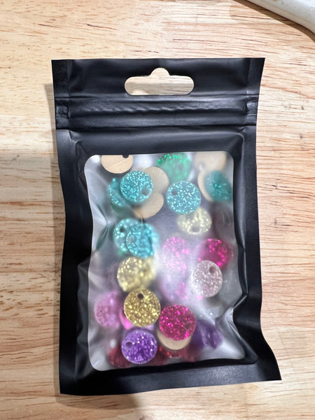 MIXED BAG GLITTER EARRING TOPPERS - 33 pairs (3 pairs of each colour - 10 glitter colours and 1 bamboo)