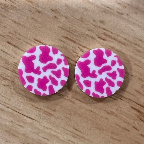 UV Printed 20mm Acrylic Dark Pink Cow Print Stud Blanks
