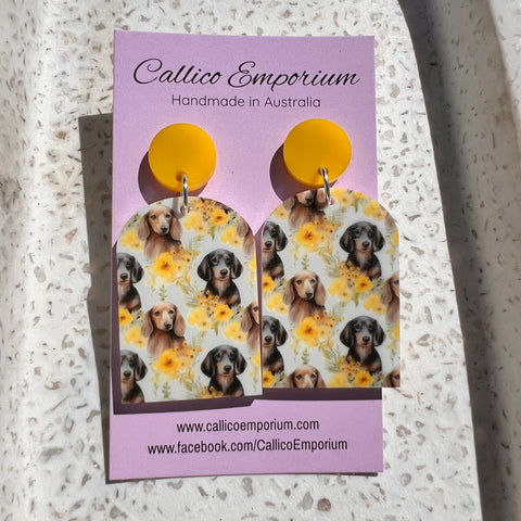 Yellow Floral Dachshunds - UV Printed Stud Dangles