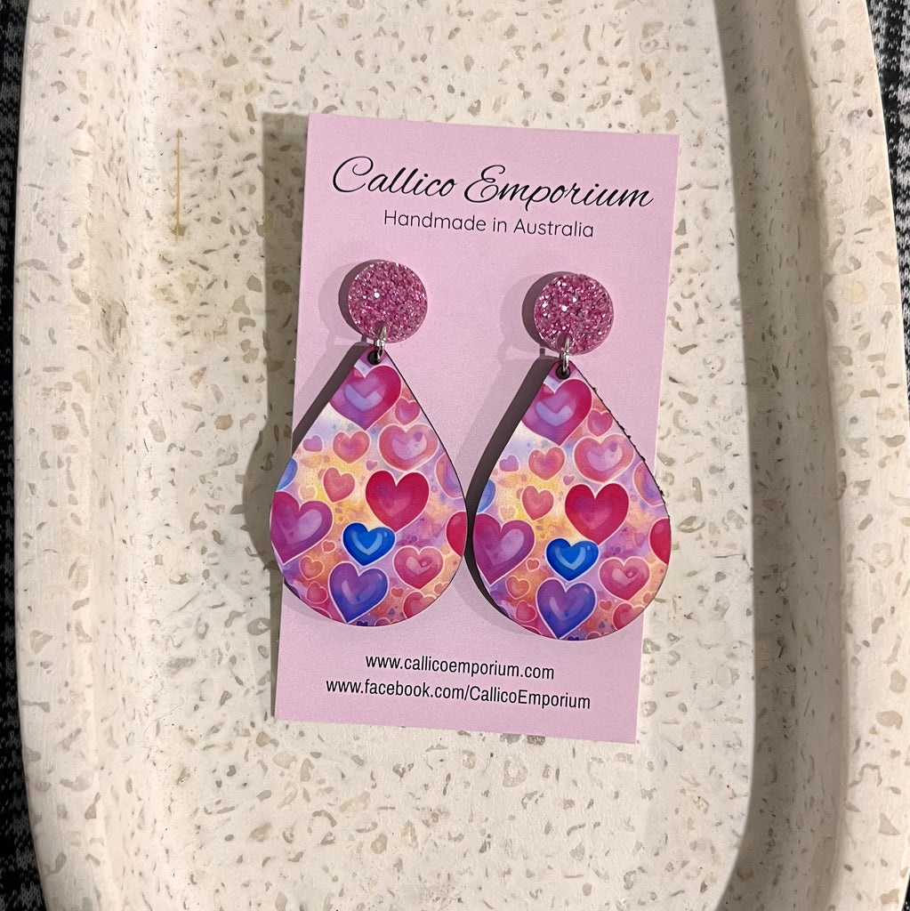 Hearts Wooden Printed Stud Dangle Earrings