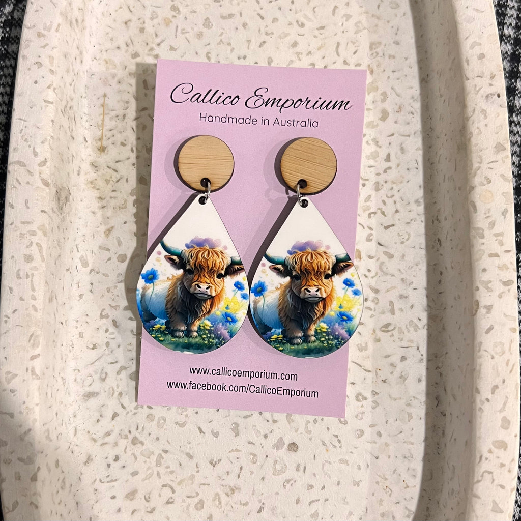 Baby Highland Cow Wooden Printed Stud Dangle Earrings