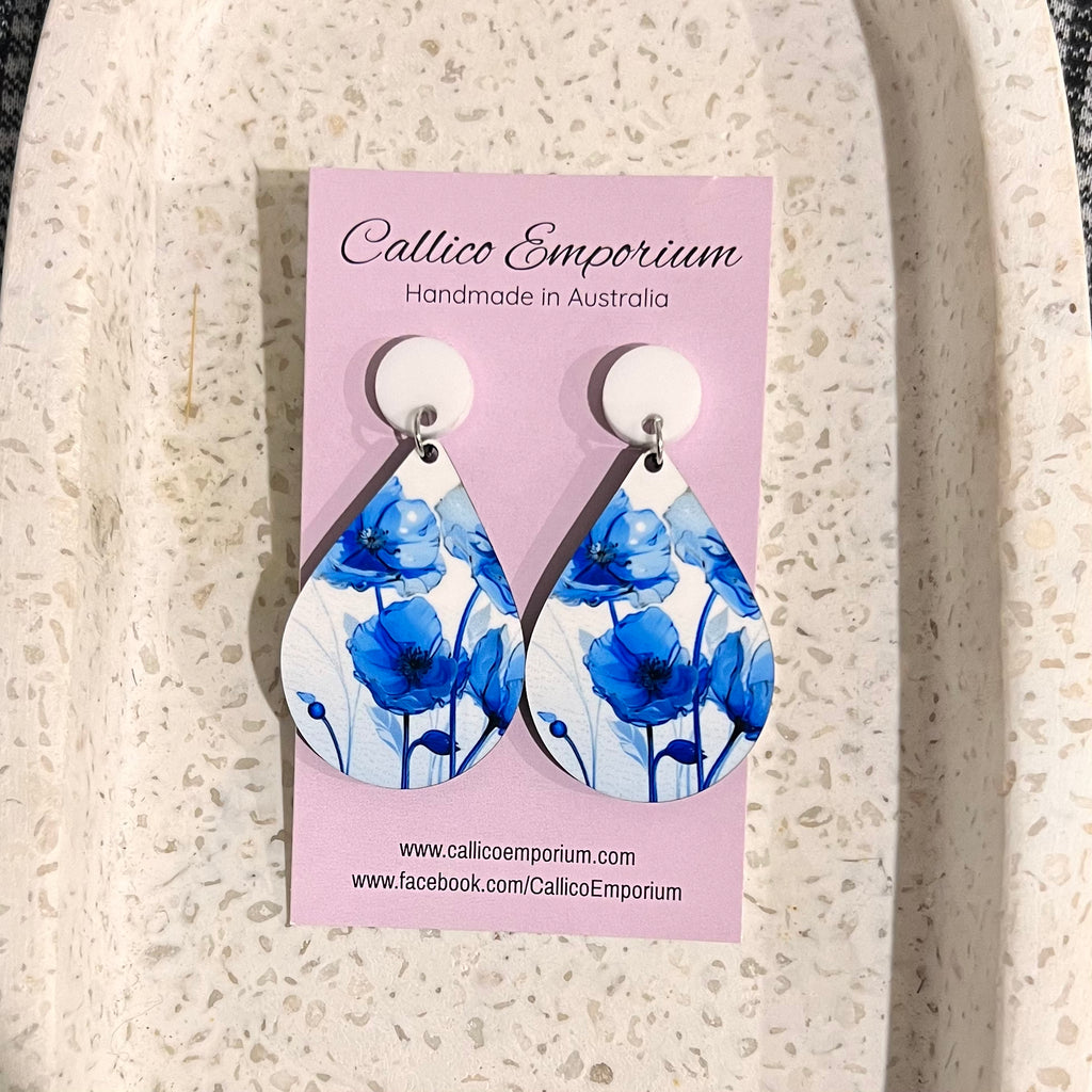 Blue Poppy Wooden Printed Stud Dangle Earrings