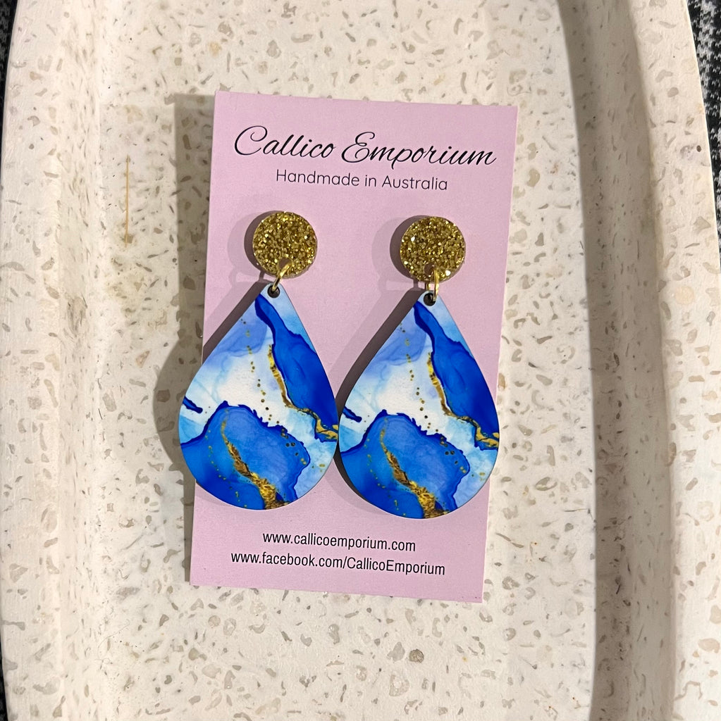 Blue and Gold Watercolour Wooden Printed Stud Dangle Earrings