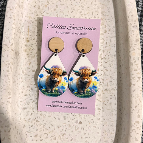 Baby Highland Cow Wooden Printed Stud Dangle Earrings
