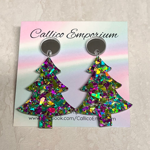 Rainbow Iridescent Christmas Tree Chunky Glitter Acrylic Stud Dangle Earrings