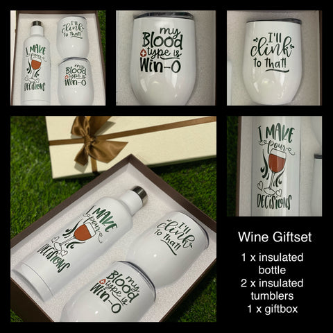 Wine themed insulated bottle and tumbler gift set