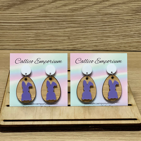 Bamboo Easter Egg and Acrylic Bunny Stud Dangle Earrings