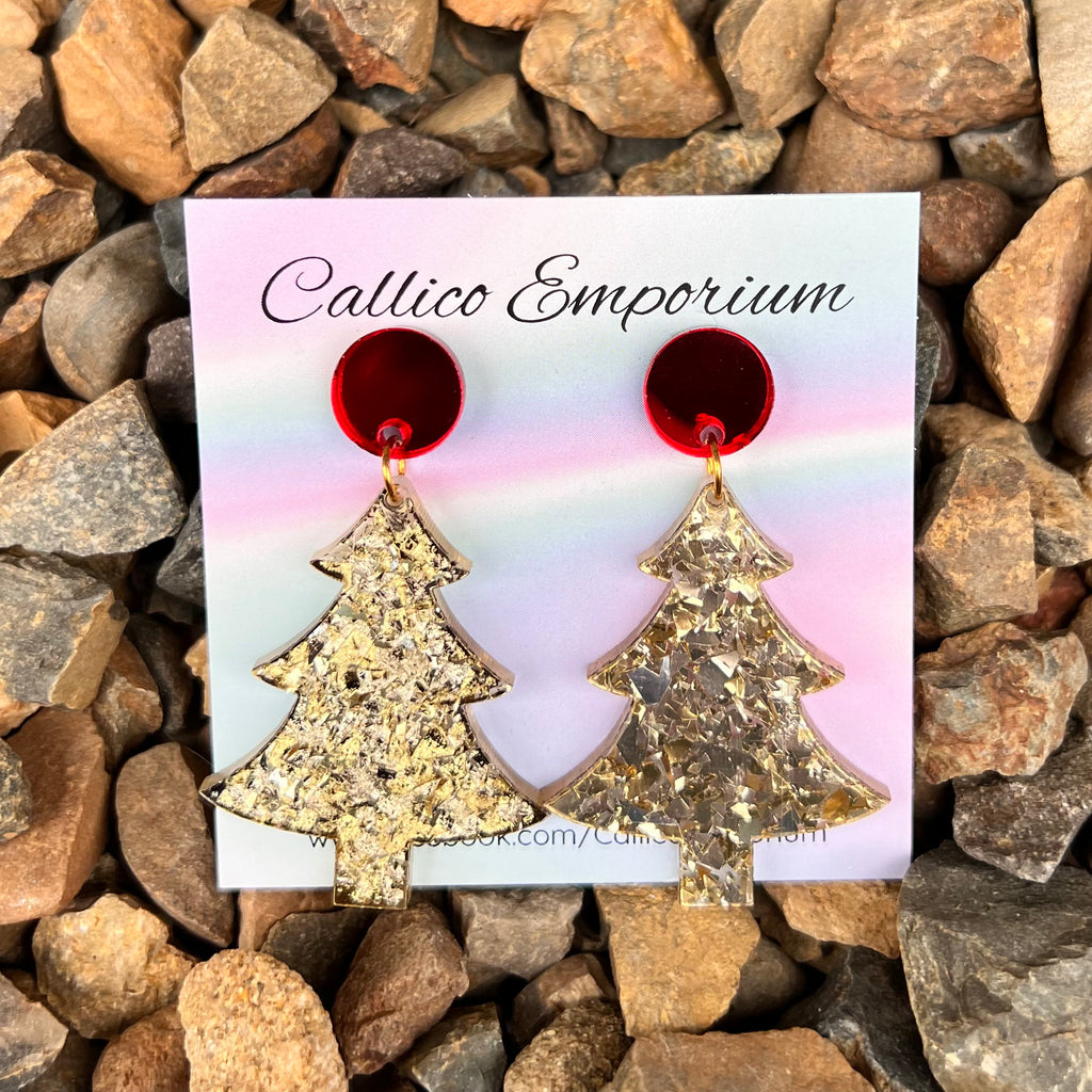 Gold Christmas Tree Chunky Glitter Acrylic Stud Dangle Earrings