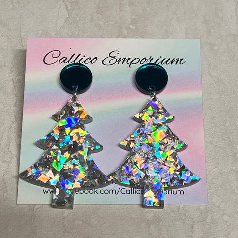 Silver Christmas Tree Chunky Glitter Acrylic Stud Dangle Earrings