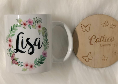 Personalised Floral Wreath Name  11oz Mug