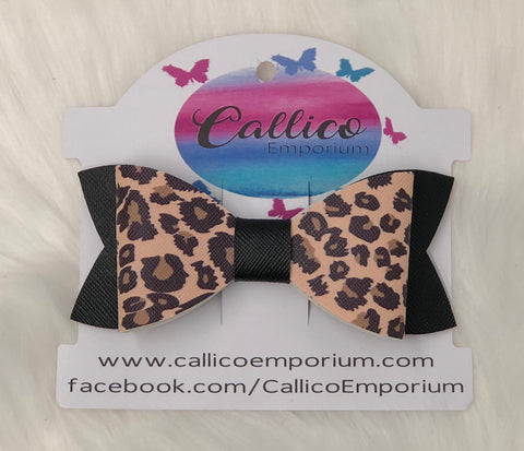 Leopard Print & Black Faux Leather Hair Bow with bow clip