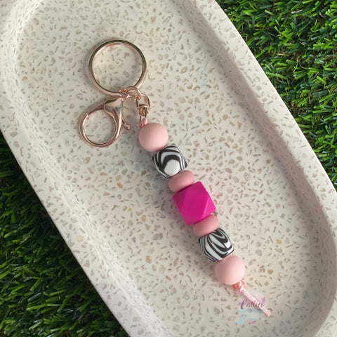 “Pink Zebra” Beaded Keychain