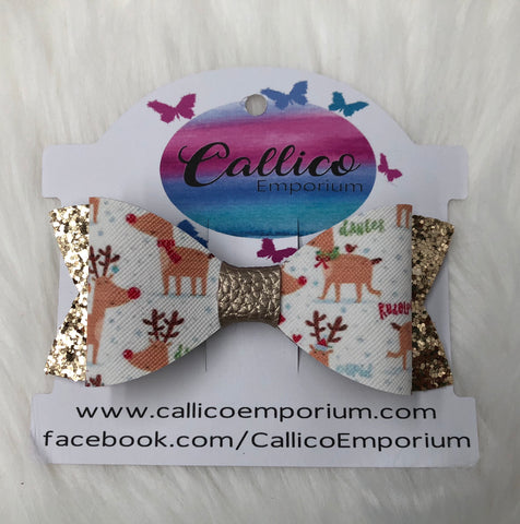 Reindeer and light gold glitter Faux Leather Hair Bow with bow clip