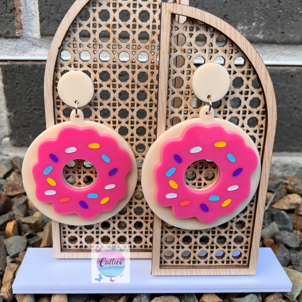 JUMBO Pink Iced Donut Double layered Acrylic Stud Dangle Earrings