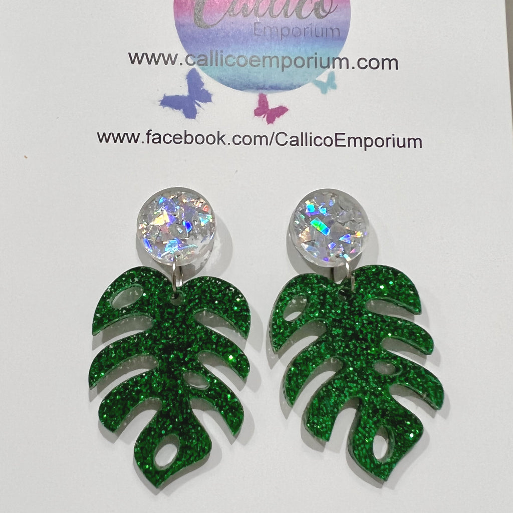 Monstera Leaf Glitter Dangle Stud Earrings